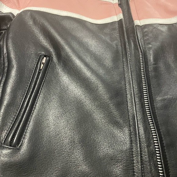 Black & pink 100% leather moto jacket with side zips removable quilted liner XL - Picture 2 of 12